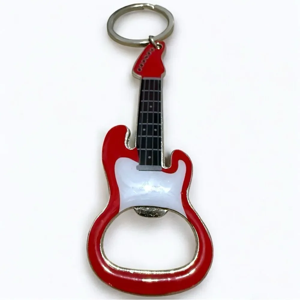 Guitar Bottle Opener Keychain Red & White – Rockin’ Accessory for Music Lovers